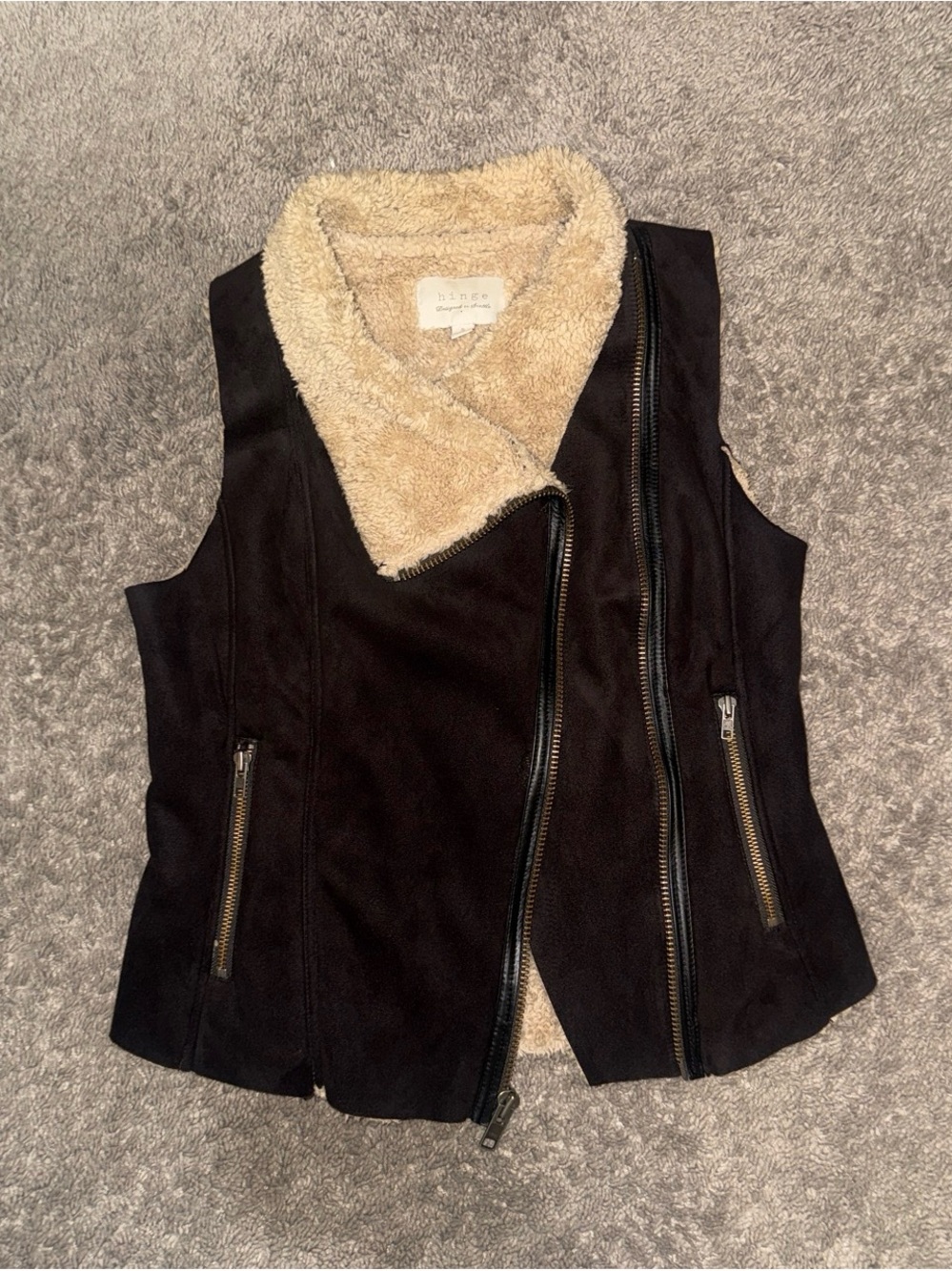 hinge Black Faux-Suede Vest with Cream Sherpa Collar and interior